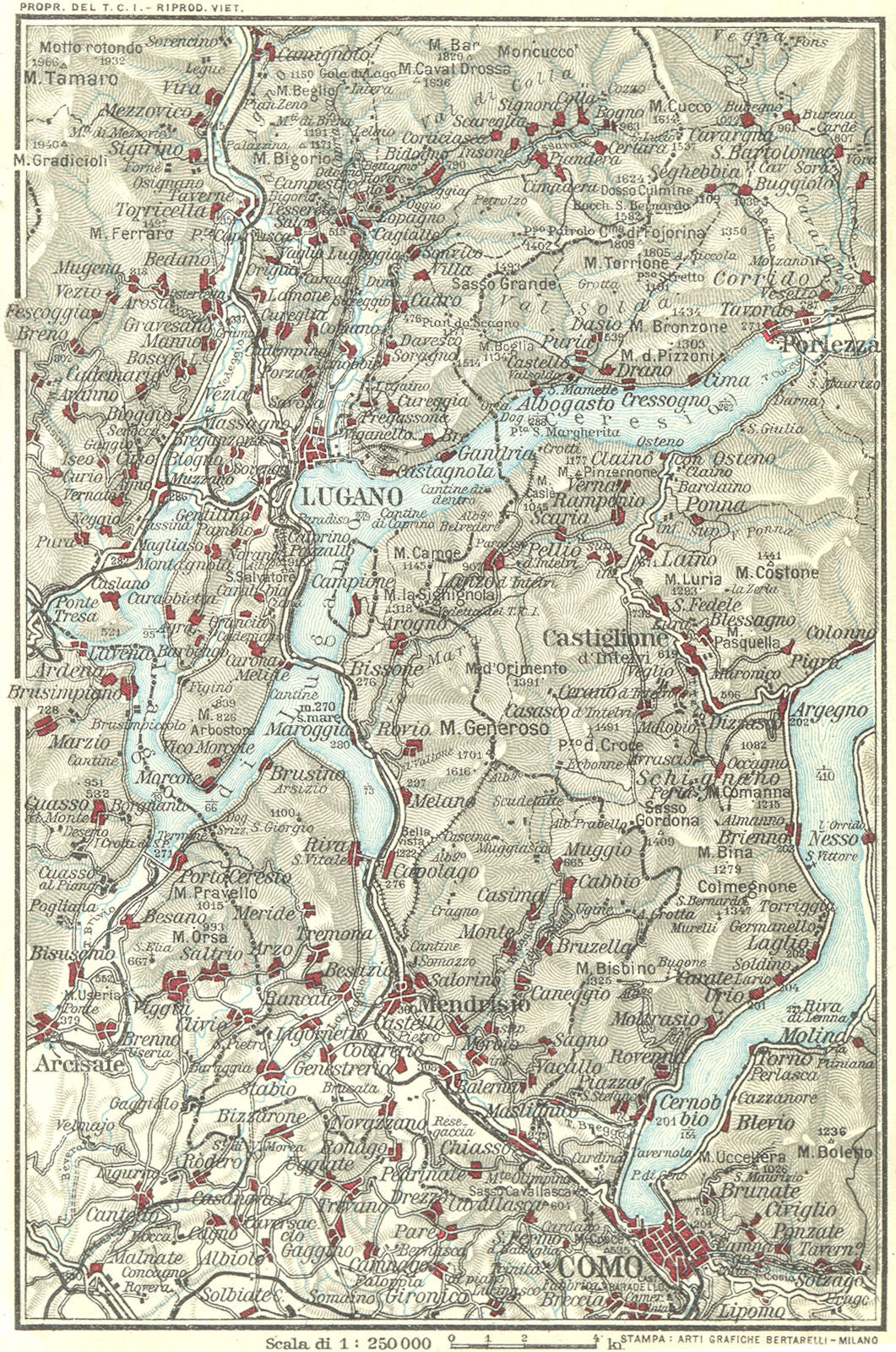 LAKE LAGO DI LUGANO. Vintage map plan. Como. Switzerland 1927 old vintage